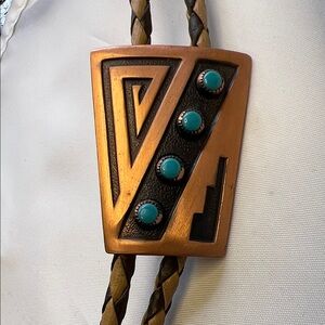 Vintage Copper bolo slide turquoise decorated south west Native American cowboy